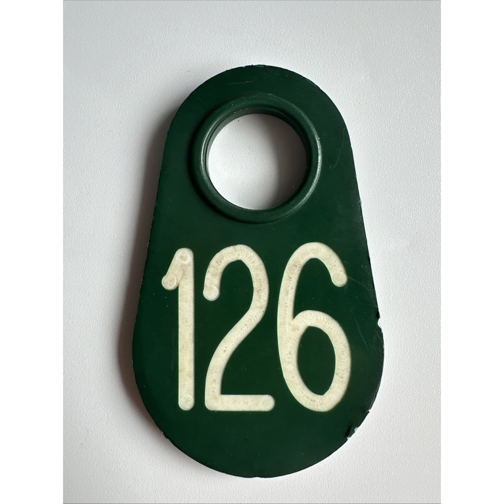 Vintage Cow Number Ear Tag Dairy Farm Cattle Sheep Marker #126 Double Side GREEN